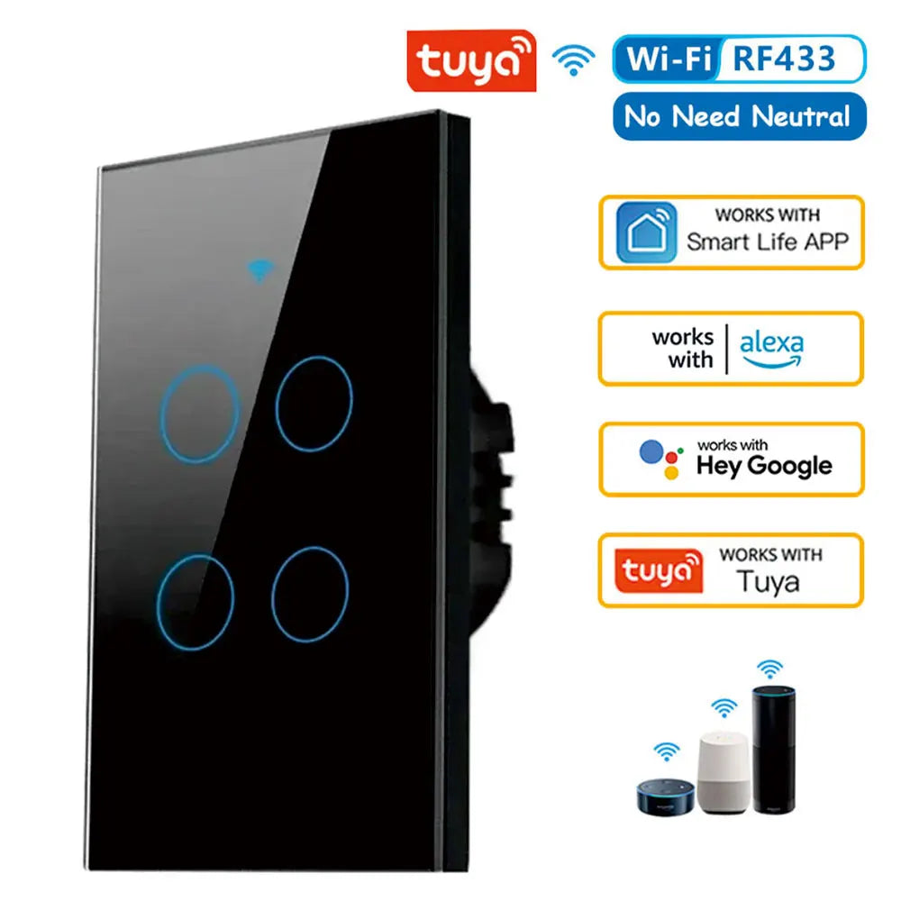 Tuya US WiFi Smart Wall Switch RF433 1/2/3/4 Gang No Neutral Wire Touch Sensor LED Light Switches Smart Home Alexa Google Home