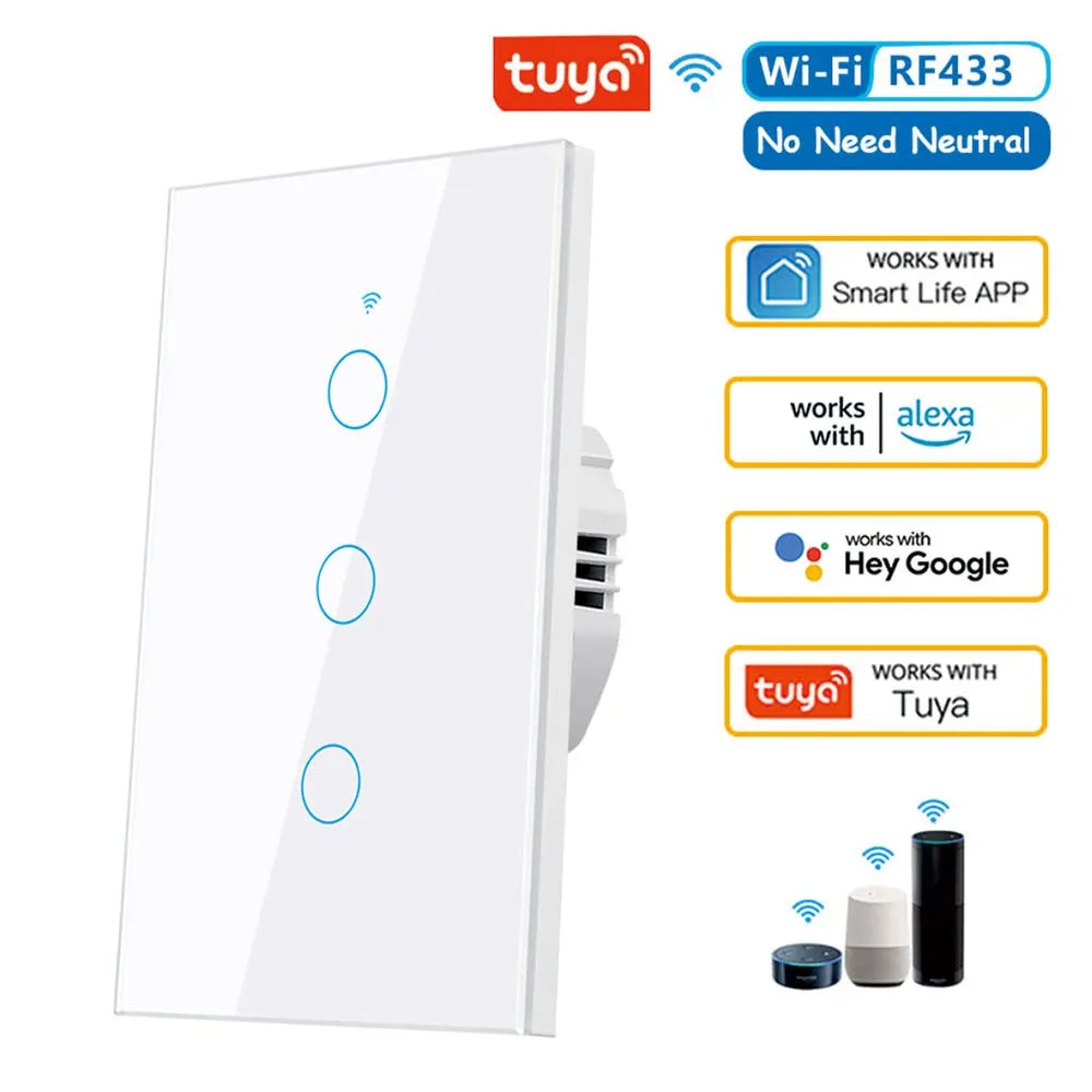 Tuya US WiFi Smart Wall Switch RF433 1/2/3/4 Gang No Neutral Wire Touch Sensor LED Light Switches Smart Home Alexa Google Home