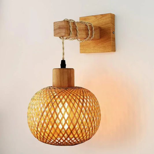 Bamboo Lantern Wall Lamp Natural Rattan Wicker E27 Chandeliers Hand-Woven Bamboo Room Decor Lampshades Wall Light Fixtures