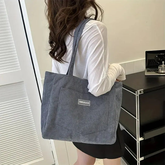 Large Capacity Shoulder Bag Trendy Corduroy Tote Bag Solid Color Ladies Handbag With Front Pocket