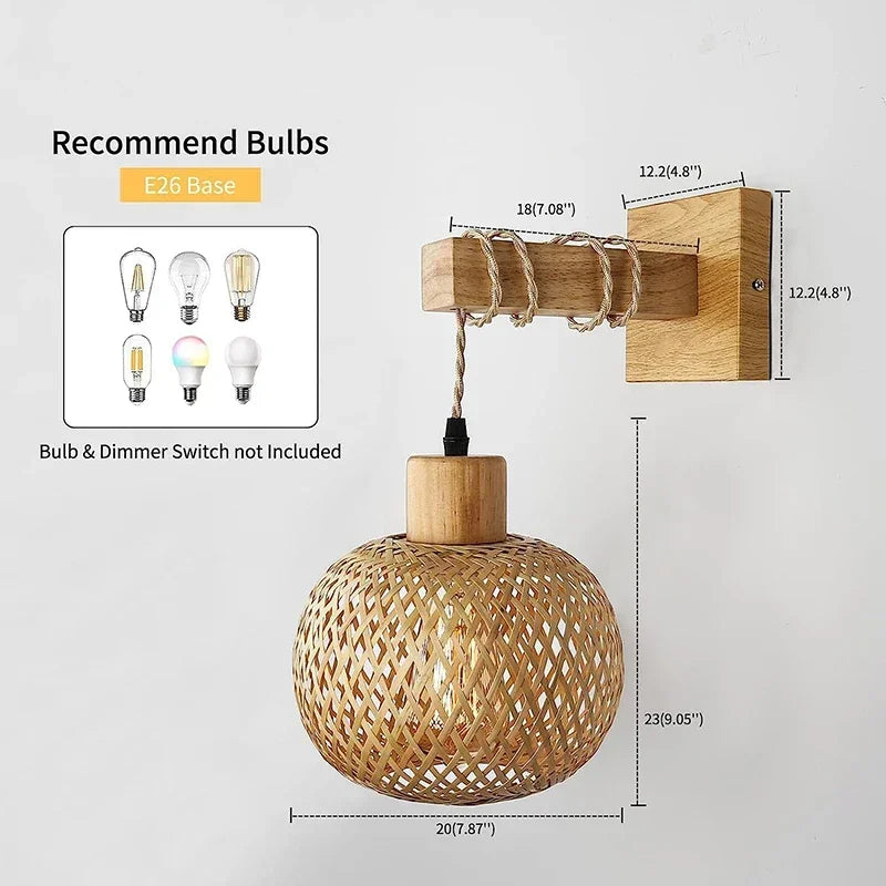 Bamboo Lantern Wall Lamp Natural Rattan Wicker E27 Chandeliers Hand-Woven Bamboo Room Decor Lampshades Wall Light Fixtures