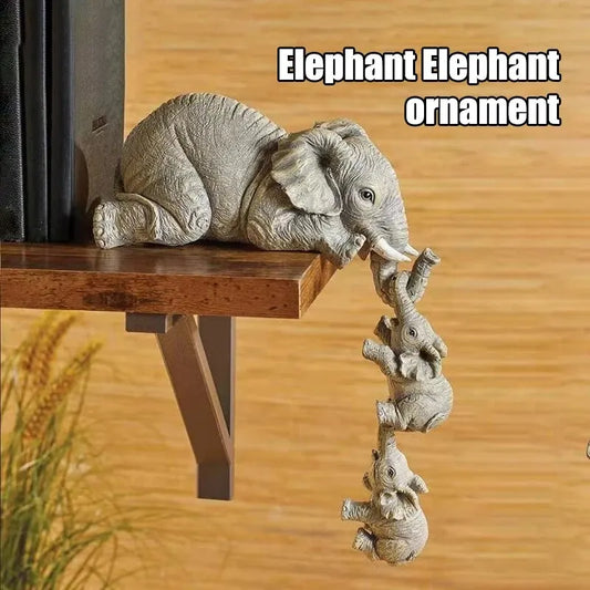 3PCS/set Elephant Sitter Hand-Painted Figurines,Full Size Mother and Two Babies Hanging Off The Edge of a Shelf Or Table,Resin 