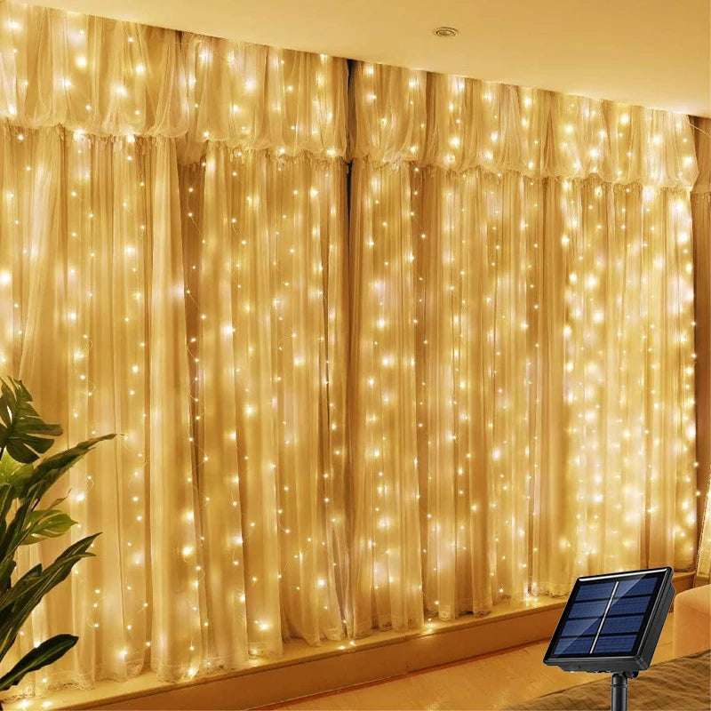 Solar Curtain Light Outdoor Waterproof Solar Fairy Garland String Lights for Garden Yard Pavilion Wedding Party Holiday Decor