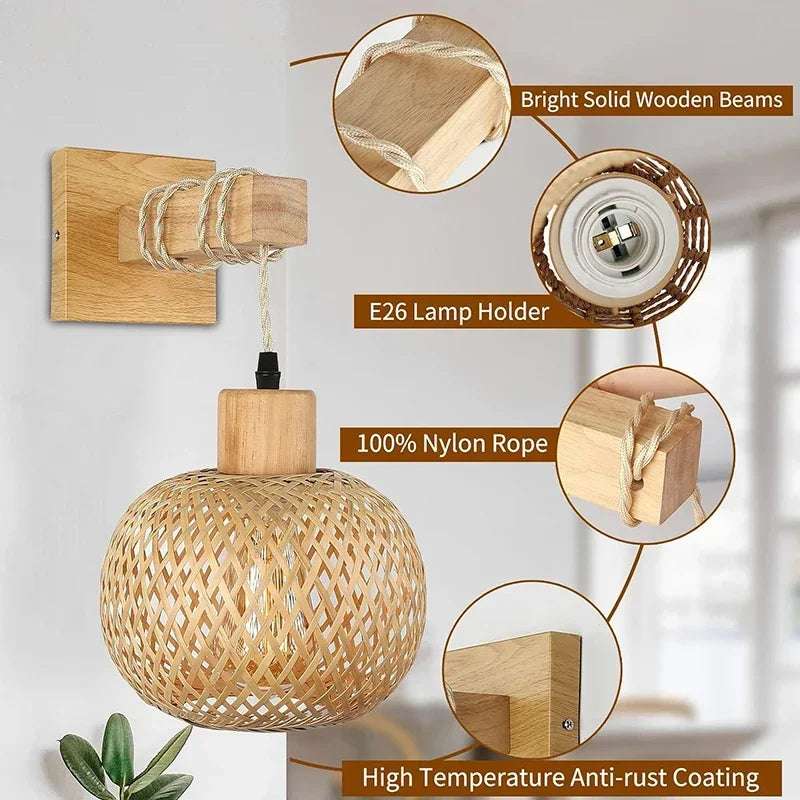 Bamboo Lantern Wall Lamp Natural Rattan Wicker E27 Chandeliers Hand-Woven Bamboo Room Decor Lampshades Wall Light Fixtures