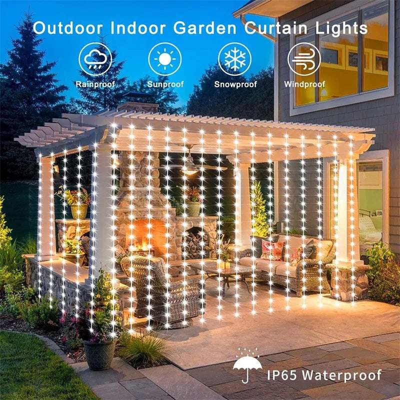 Solar Curtain Light Outdoor Waterproof Solar Fairy Garland String Lights for Garden Yard Pavilion Wedding Party Holiday Decor