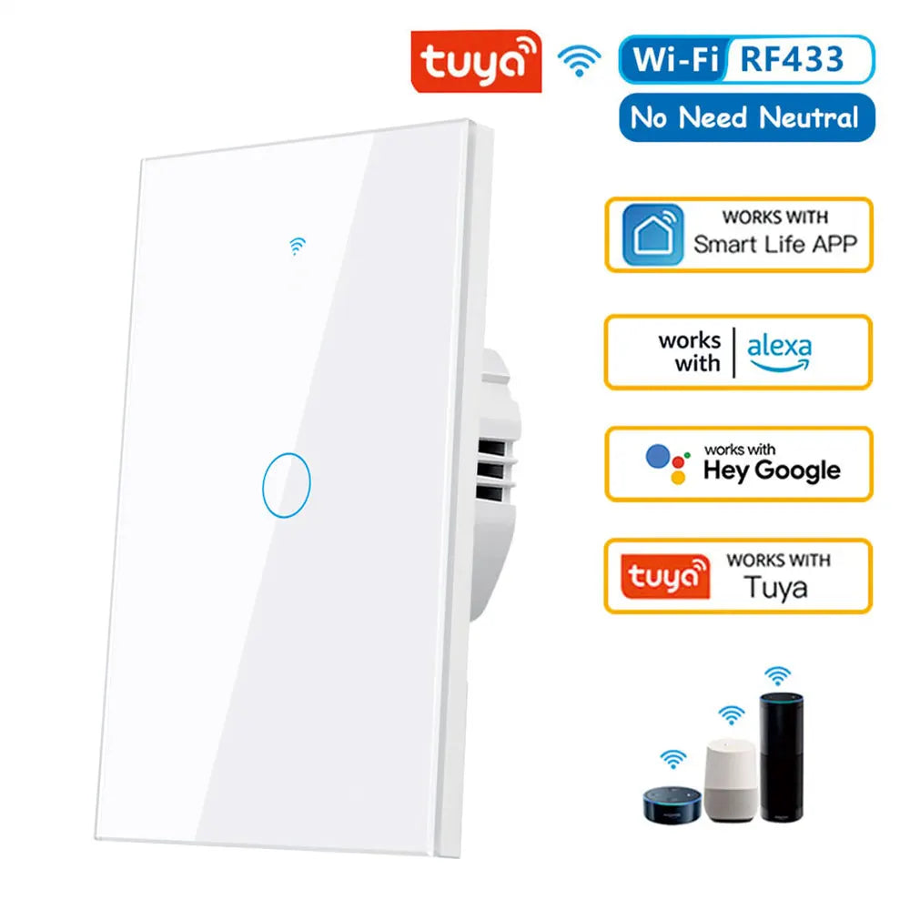 Tuya US WiFi Smart Wall Switch RF433 1/2/3/4 Gang No Neutral Wire Touch Sensor LED Light Switches Smart Home Alexa Google Home