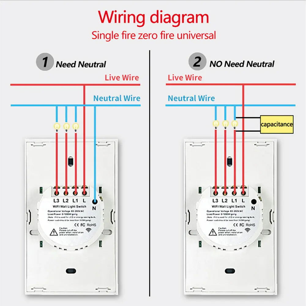 Tuya US WiFi Smart Wall Switch RF433 1/2/3/4 Gang No Neutral Wire Touch Sensor LED Light Switches Smart Home Alexa Google Home